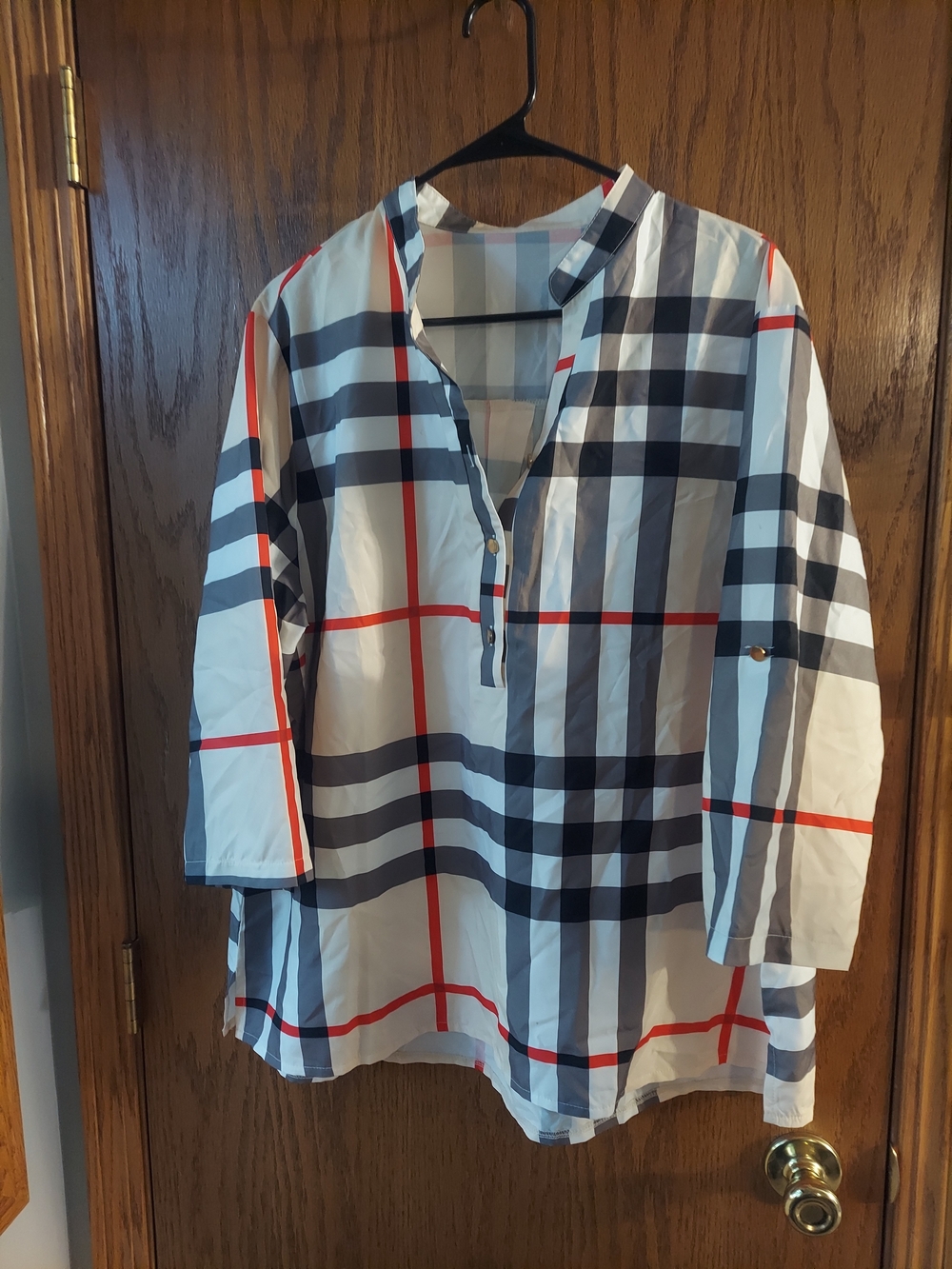 Classic Plaid V-Neck Tunic Top Roll Tab Sleeves White Grey Red 4XL
